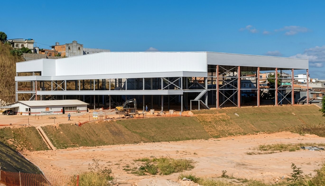 Galpão CD Betim/MG em construção — estrutura metálica e fechamento em andamento